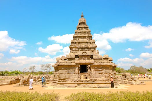 Explore the ancient Shore Temple, a prominent UNESCO World Heritage site in Mahabalipuram, India.