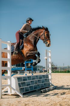 A determined equestrian expertly guides a brown horse over a hurdle during a competition.
