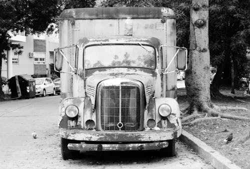 Grayscale Photo of a Vintage Truck