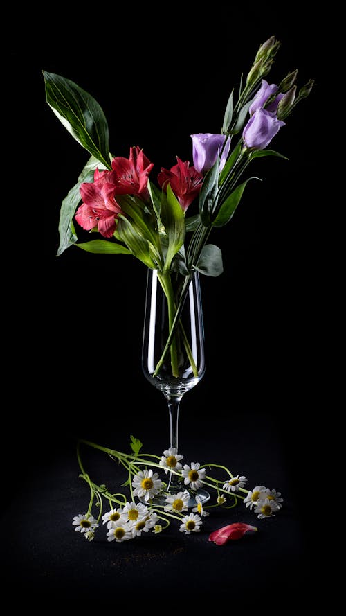 Flowers and Leaves in Clear Wine Glass