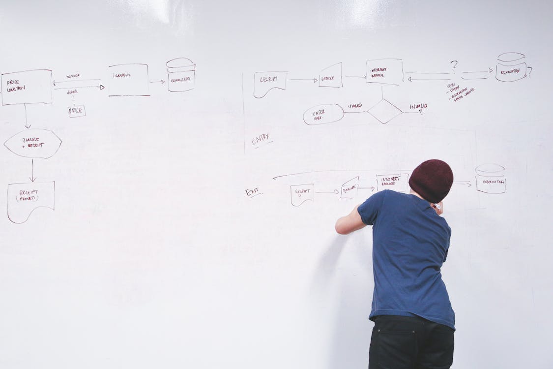 Person in Blue Shirt Wearing Brown Beanie Writing on White Dry Erase Board