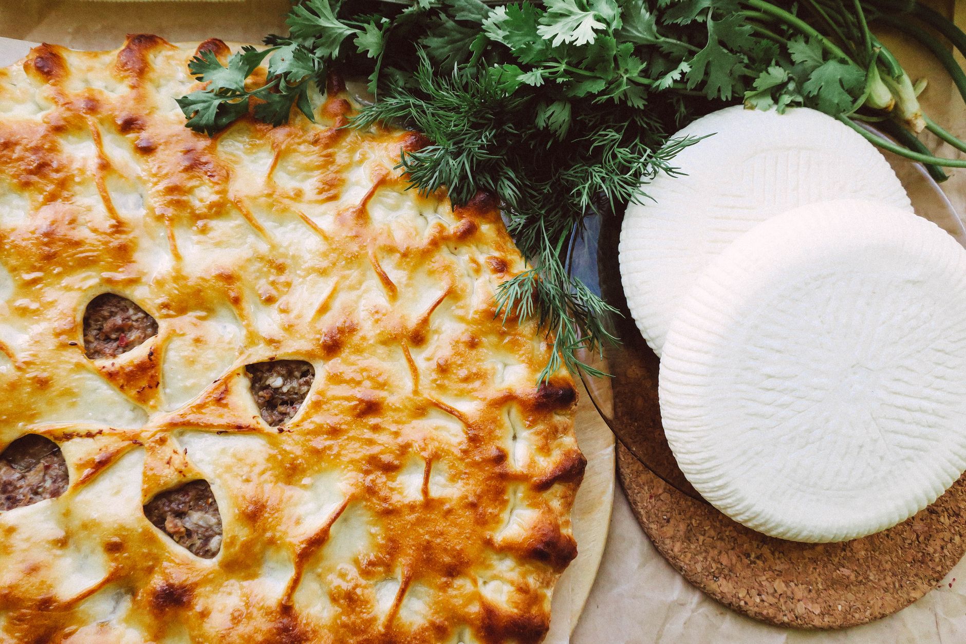 Golden mashed potato crust on cottage pie straight from oven