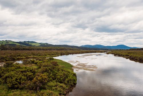 Free Tranquil river view with lush greenery and distant rolling hills under a cloudy sky. Stock Photo