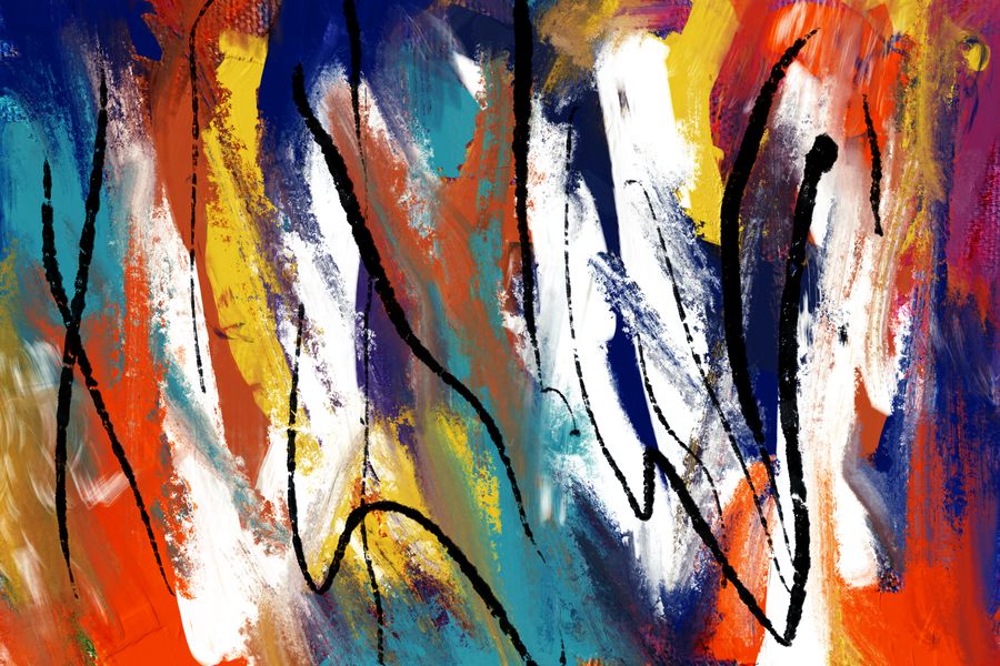 Dynamic abstract painting with vivid colors and expressive brush strokes.