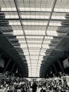 Black and White Image of a Station with Glass Ceiling