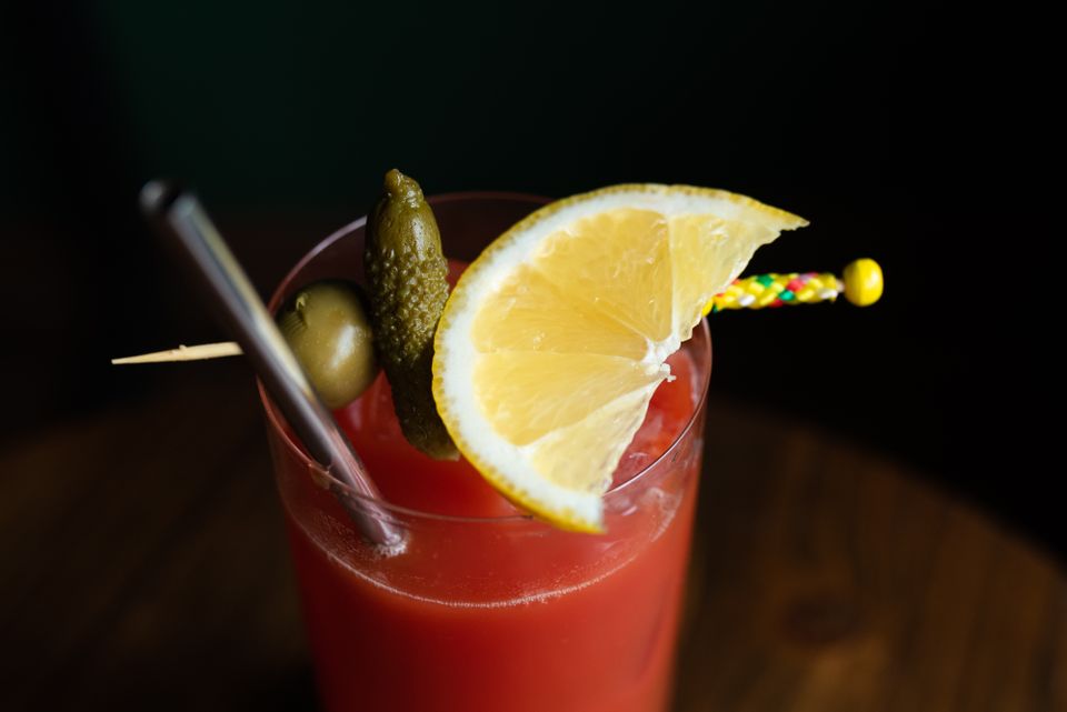 A richly garnished Bloody Mary