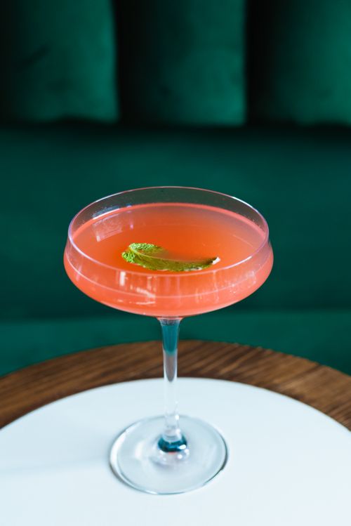 Free A vibrant orange cocktail in a coupe glass garnished with mint leaves, set against a stylish backdrop. Stock Photo