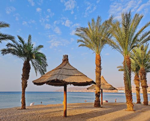Free Idyllic tropical beach scene with palm trees and nipa huts by the seashore. Stock Photo