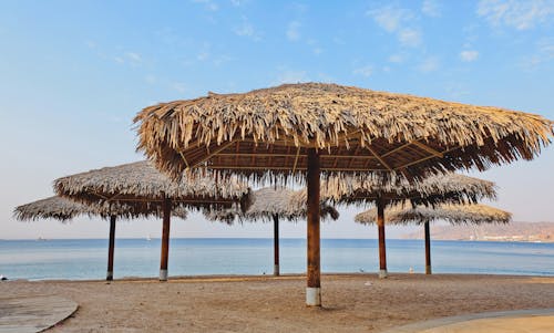 Foto profissional grátis de areia, beira-mar, cabanas nipa