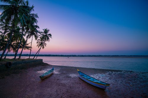 Blue and White Boat on Beach Shore