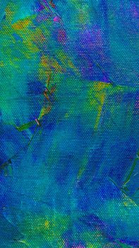Colorful textured abstract painting in vibrant blues and greens on canvas.