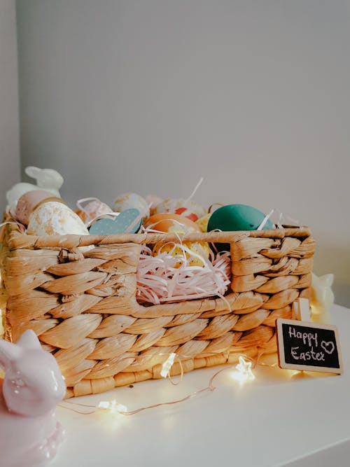 A Woven Basket with Easter Decorations