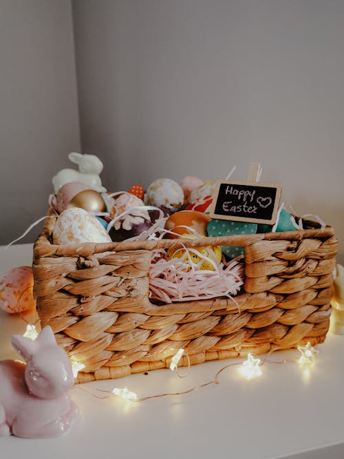 Brown Woven Basket With Colorful Easter Eggs