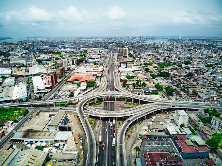 Aerial View Of Flyover Roads And Highways On A Metropolitan Area