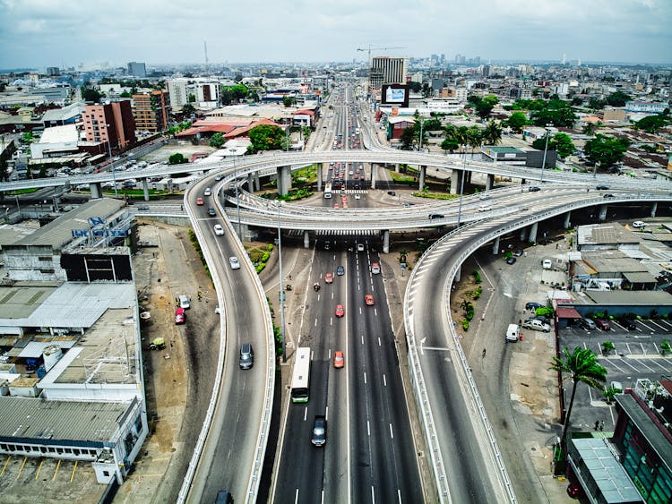 Aerial View Of Flyover Roads And Highways On A Metropolitan Area