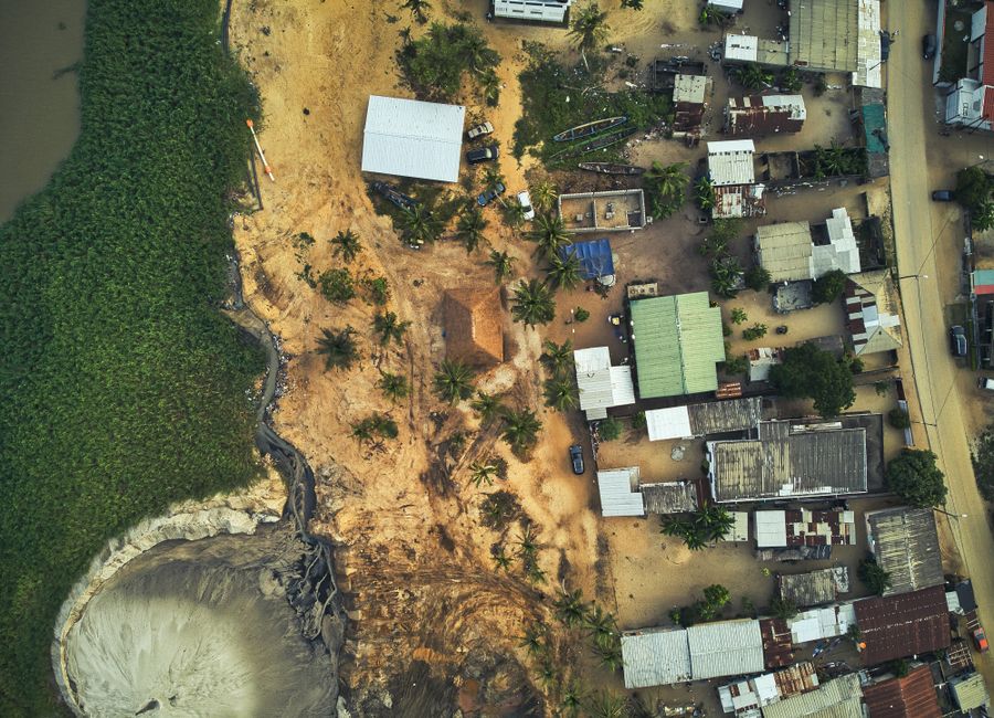 Drone shot capturing the unique landscape and layout of Grand-Bassam, Côte d'Ivoire.