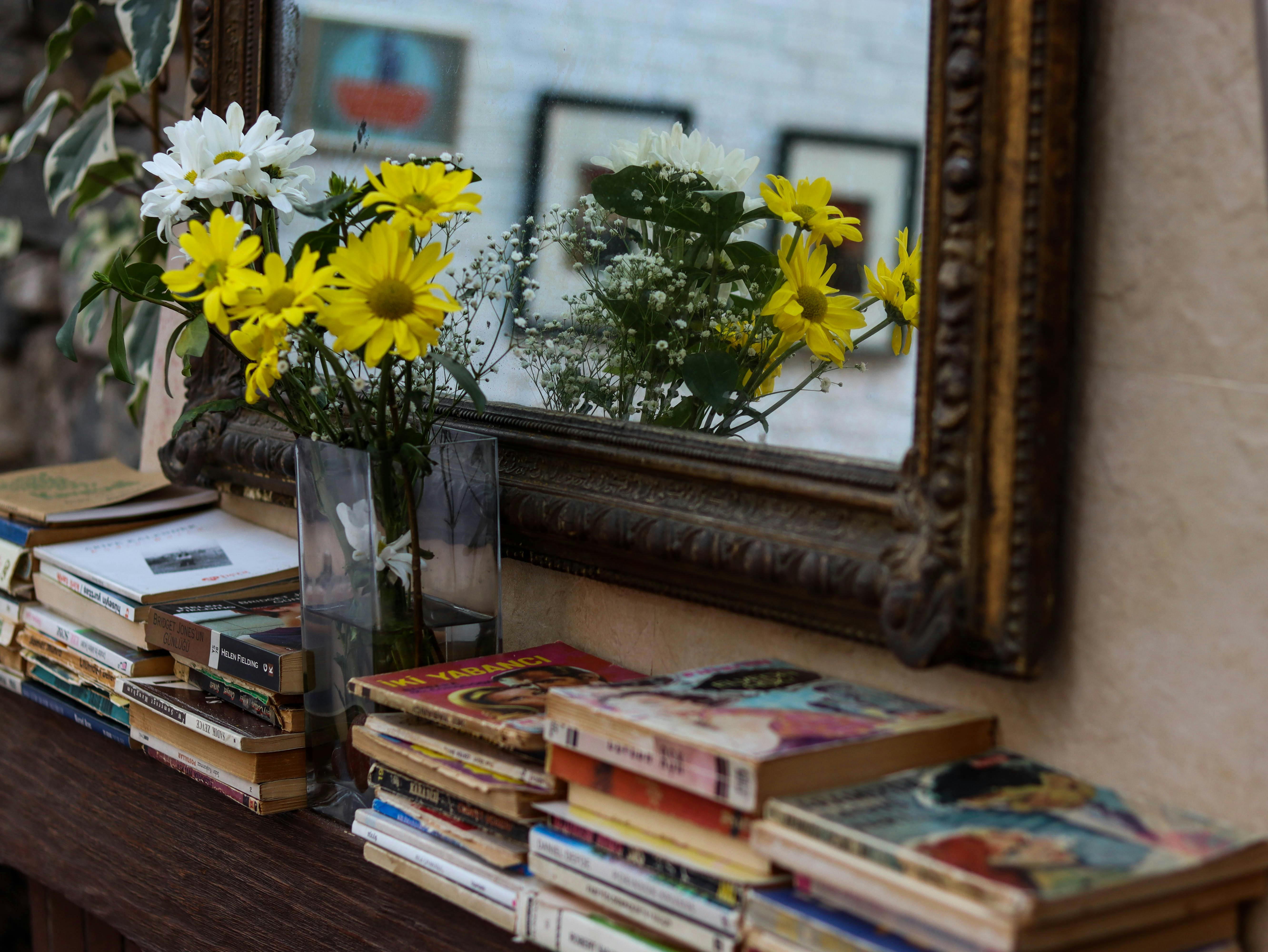 Free Antique mirror reflecting books and flowers in a vintage setting. Stock Photo