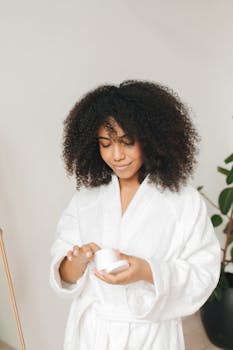 A young woman in a bathrobe applies facial cream indoors with a confident smile.