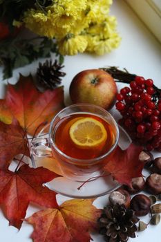 Cozy autumn tea with lemon slice amidst fruits, leaves, and flowers.