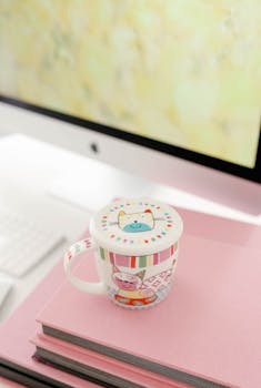 A colorful cat-themed mug sits on a pink desk beside a computer screen, creating a cute and inviting workspace.