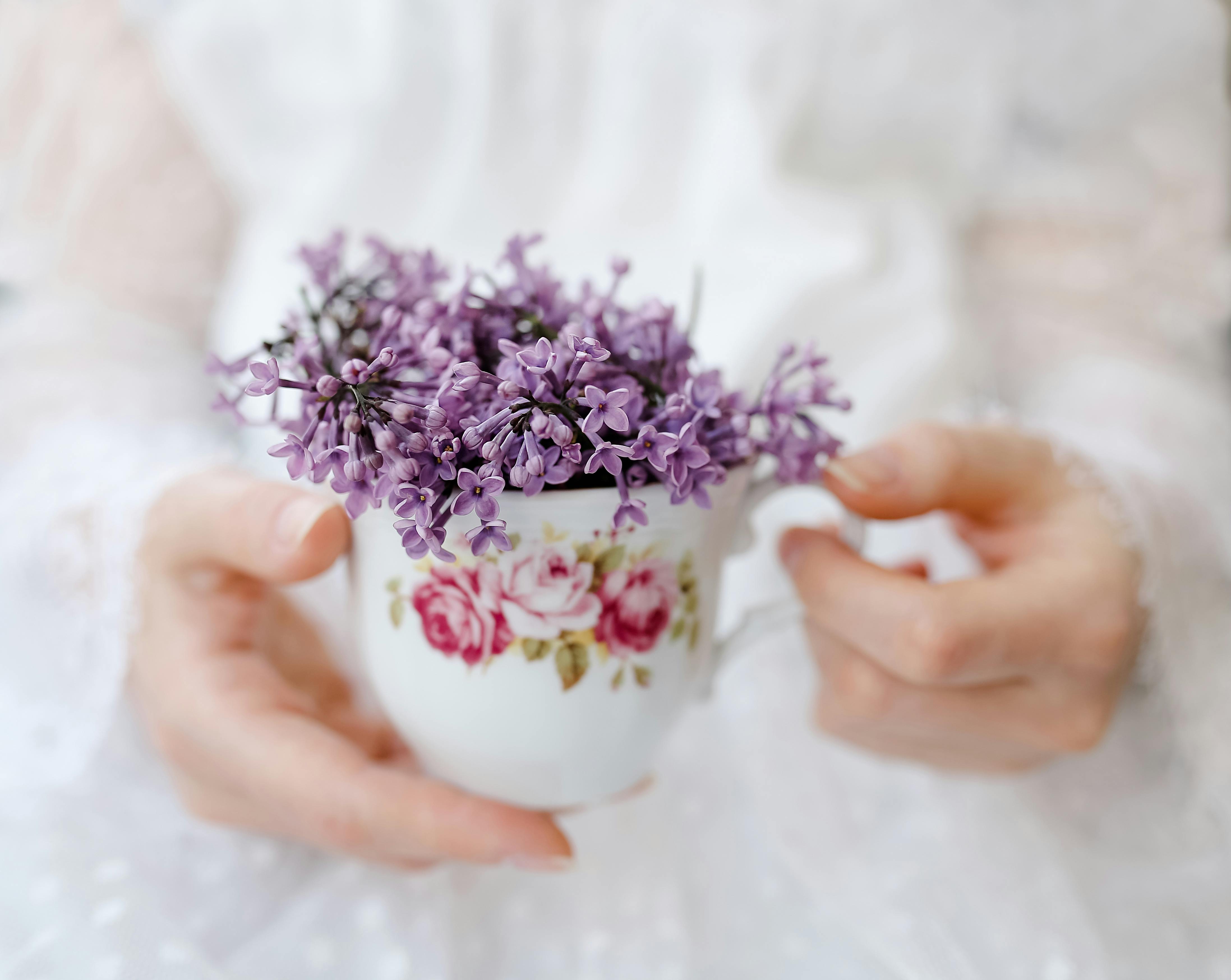 Delicate hands holding a cup filled with blooming lilacs, conveying elegance and natural beauty.