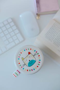 Colorful cat-themed mug on a sleek white desk with modern office accessories, promoting creativity.