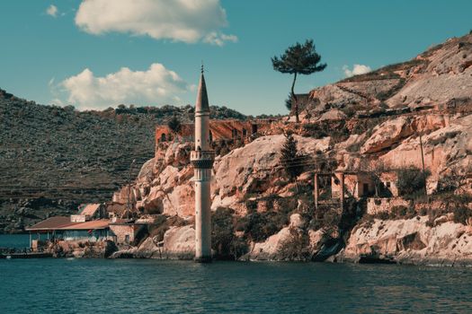 The Sunken Minaret of a Mosque in the Water Reservoir in Turkey