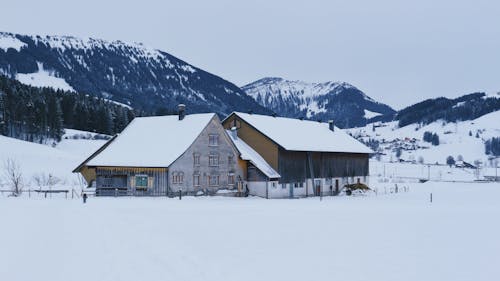 Snow Covered Buildings Near the Mountains During Winter