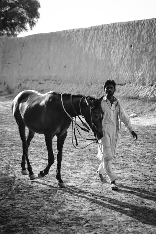 Grayscale Photo of Man Walking with a Horse