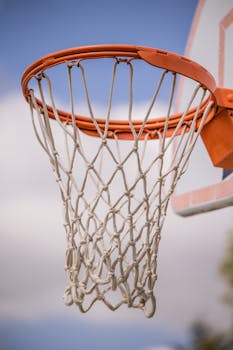 Close-up of an outdoor basketball hoop against a clear sky background.