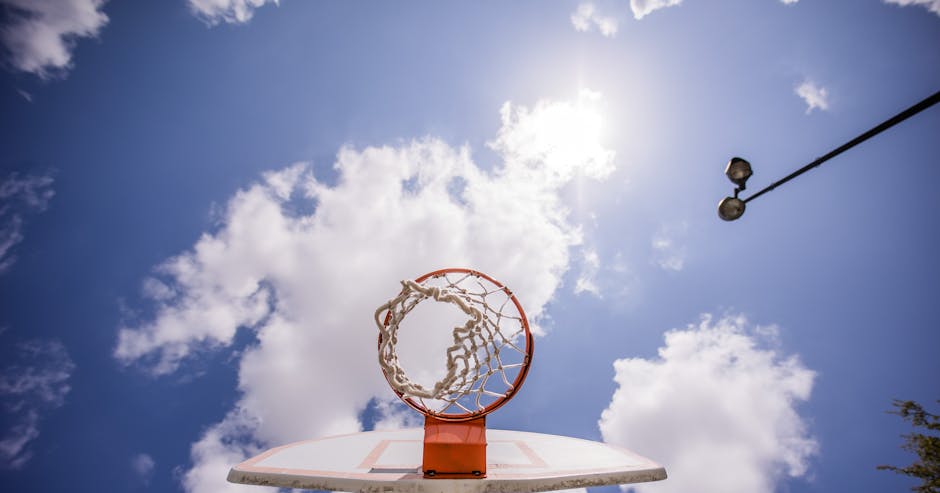 Low-angle shot of a basketball hoop with a clear blue sky and sun shining behind it.