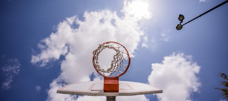 Basketball hoop shot from below against a sunny blue sky, emphasizing sports and outdoor activity.