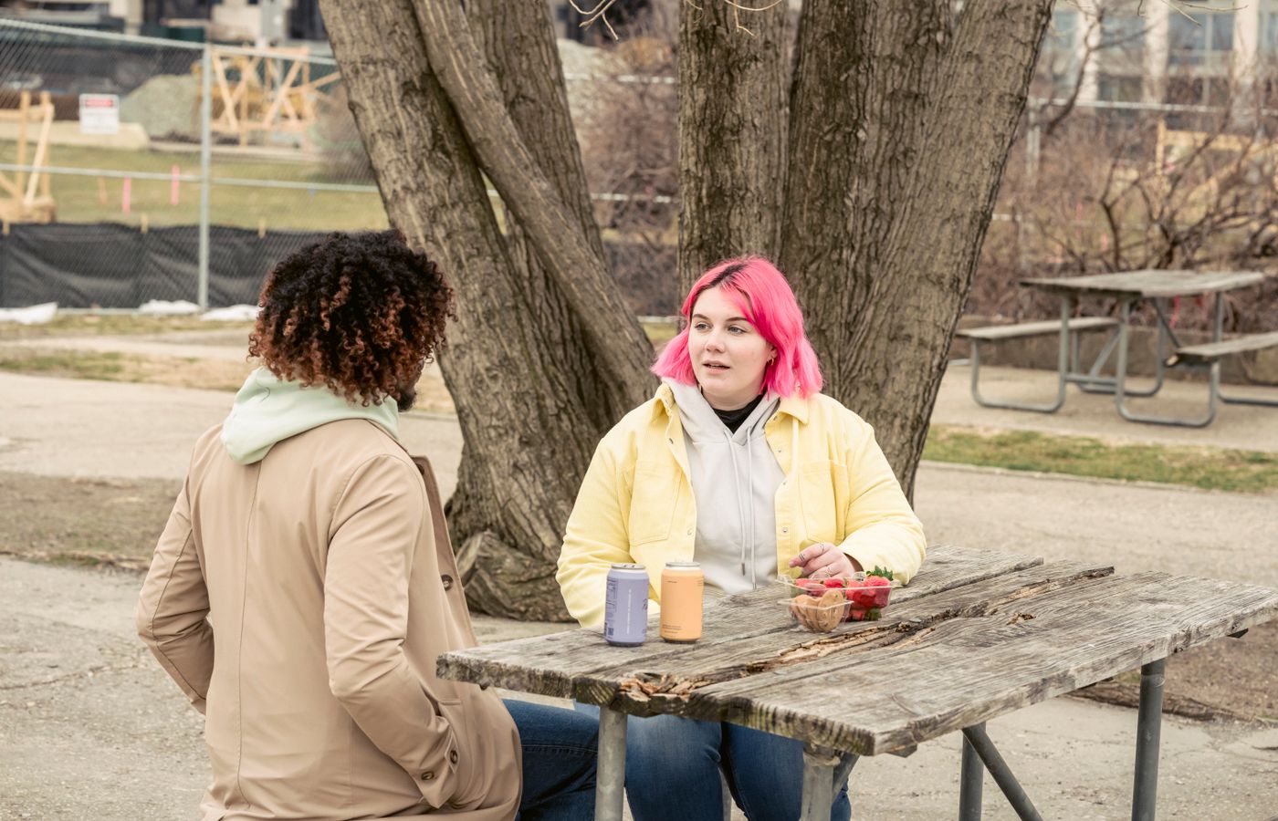 Two adults chatting outdoors at a picnic table during daytime in a park.