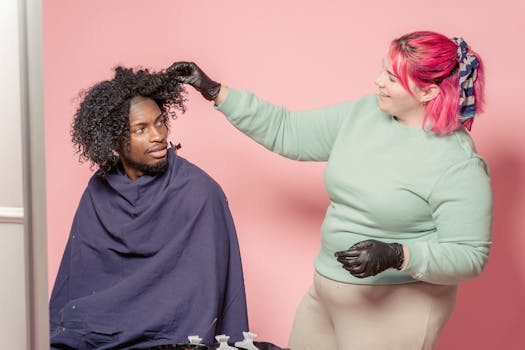 Positive plump female hairdresser in gloves touching Afro hair of African American male client while standing on pink background in studio