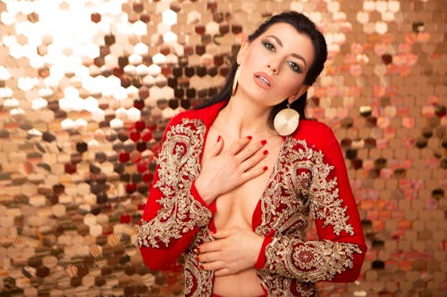 Alluring young female with makeup and earrings wearing elegant red ornamental clothes while touching skin and standing near shiny wall