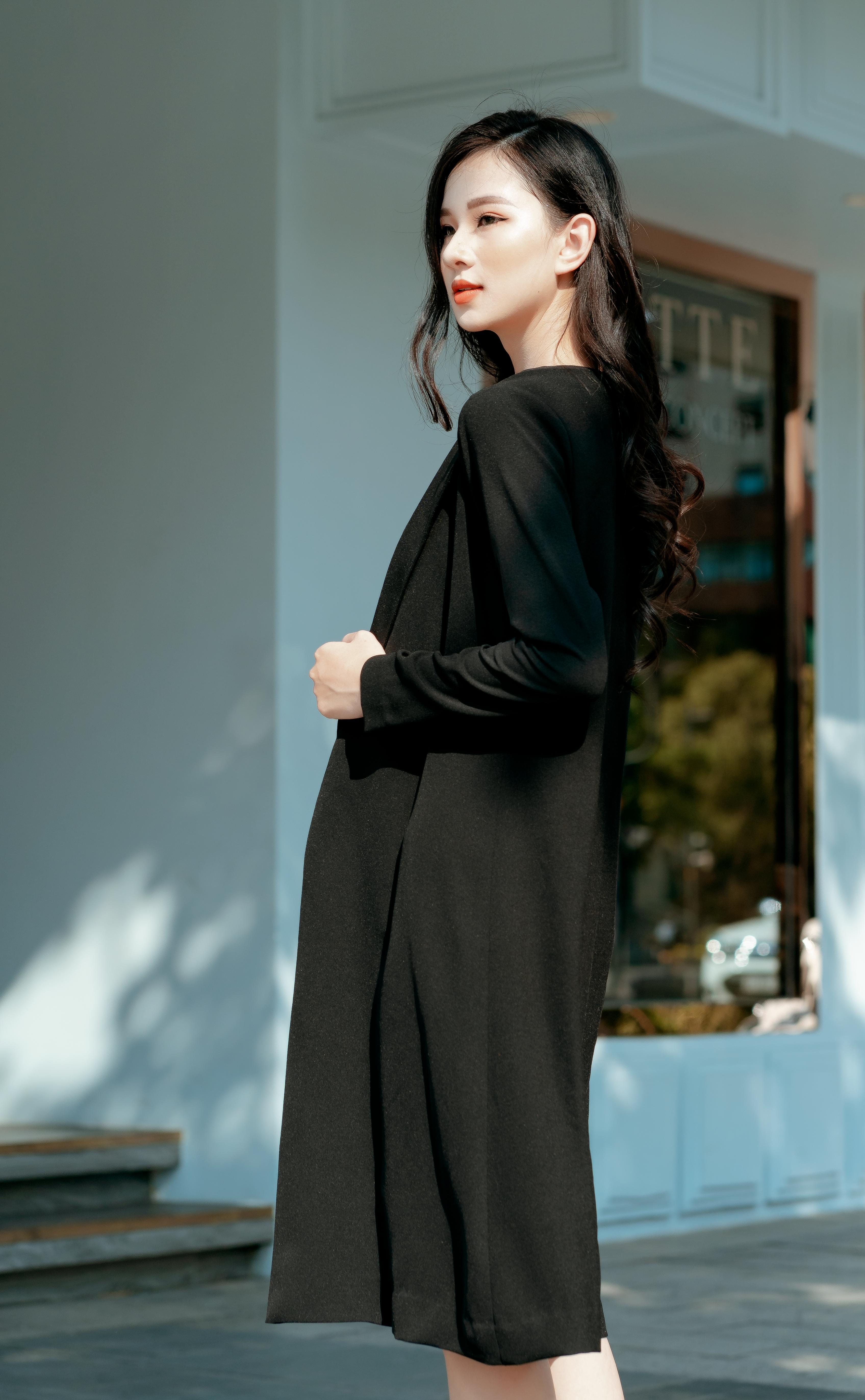 Woman in Black Long Sleeve Dress Standing on the Street · Free Stock Photo
