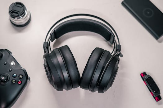 Close-up of black headphones with gaming gear arranged in a flat lay style on a white surface.