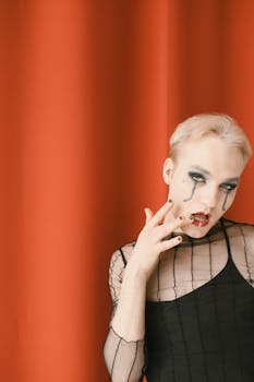 Stylish portrait of a person in dramatic makeup against a red background.