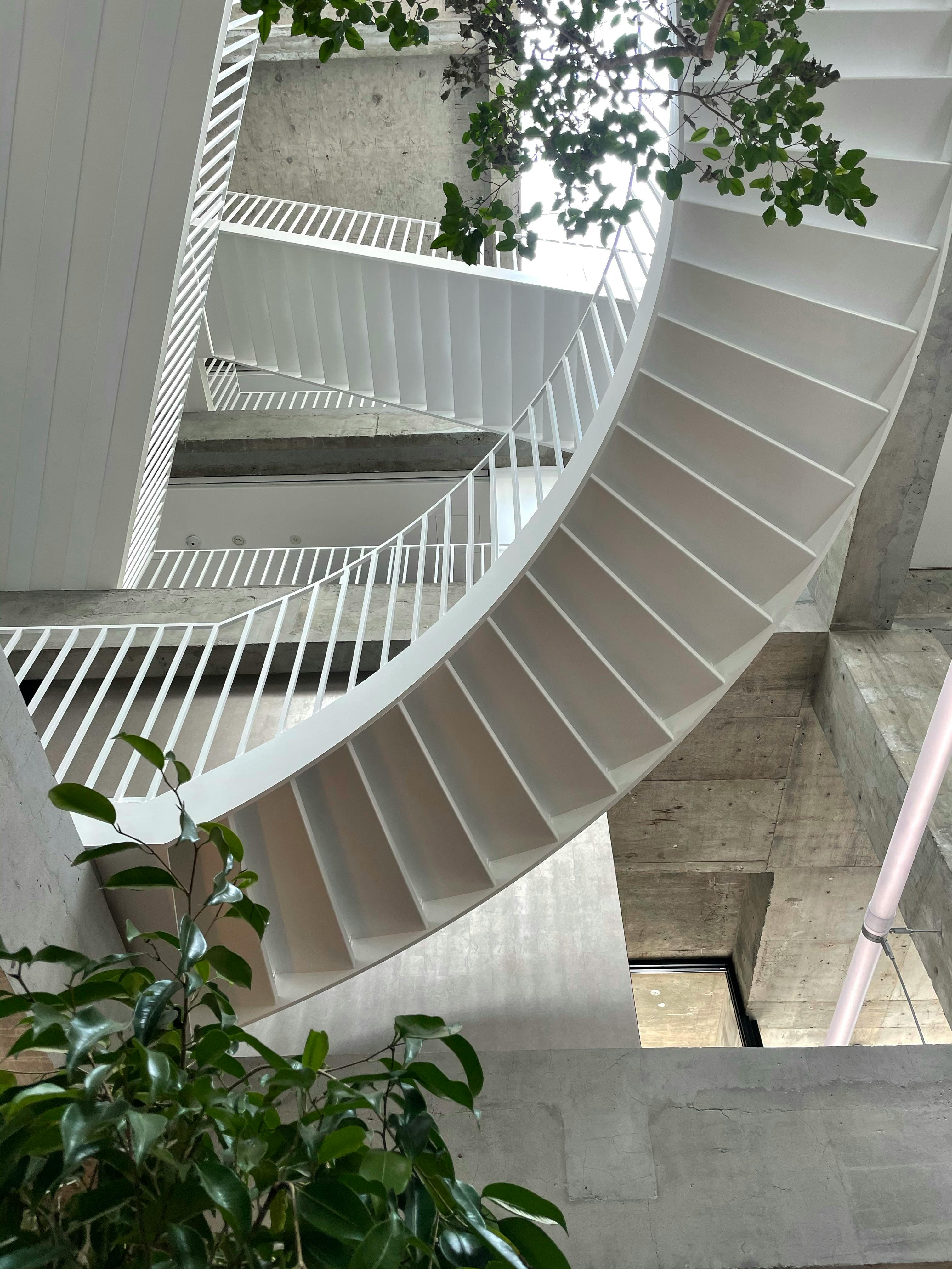 Elegant spiral staircase in a modern building with a minimalist aesthetic.