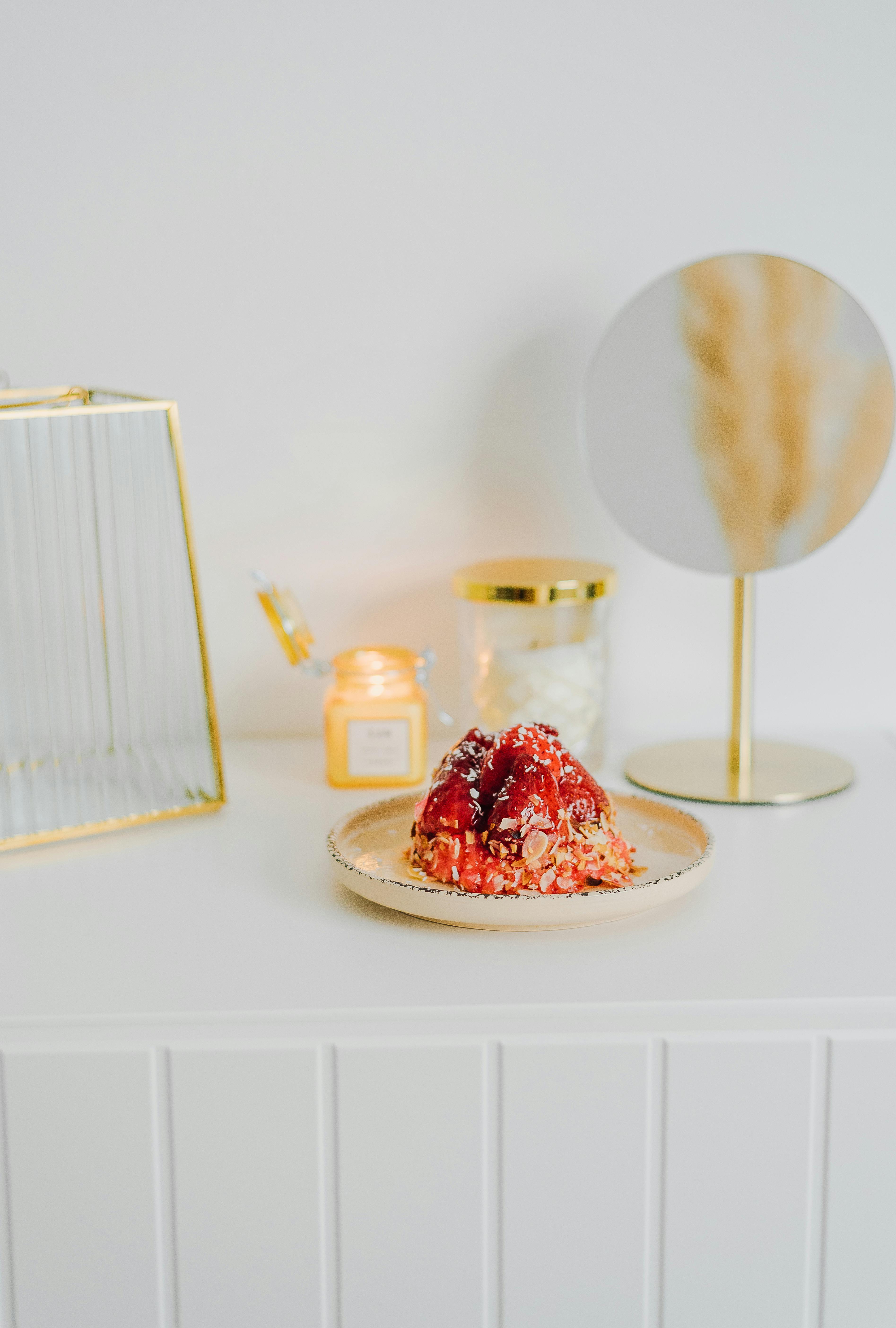 Indulge in this delectable dessert displayed elegantly on a minimalistic white table setting.
