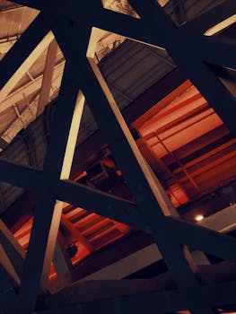 Dynamic abstract view of structural beams at Beijing's iconic architecture.