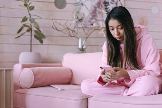 Young woman in pink hoodie using phone on a sofa, working from home in a cozy setting.