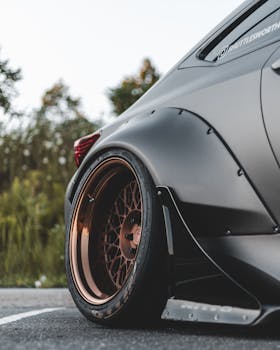 High-quality close-up of a custom car wheel featuring a stylish copper rim outdoors.