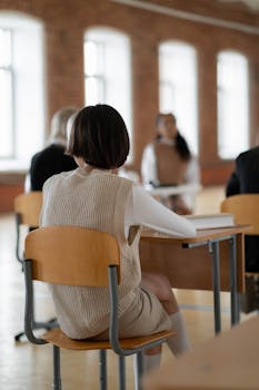 A focused, back view of students sitting in a bright classroom environment.