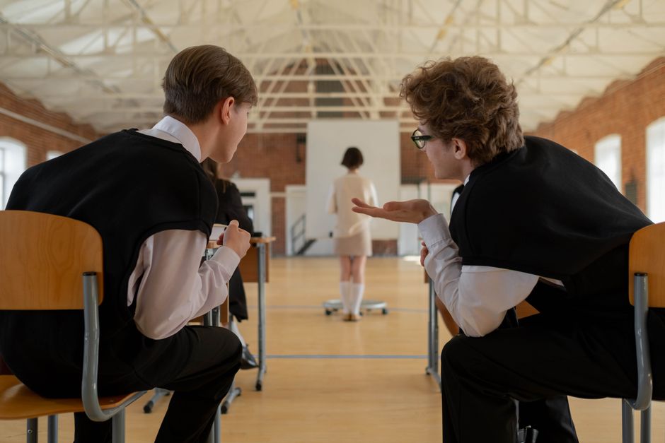 Two students in uniform talking in a classroom setting, focused on learning.
