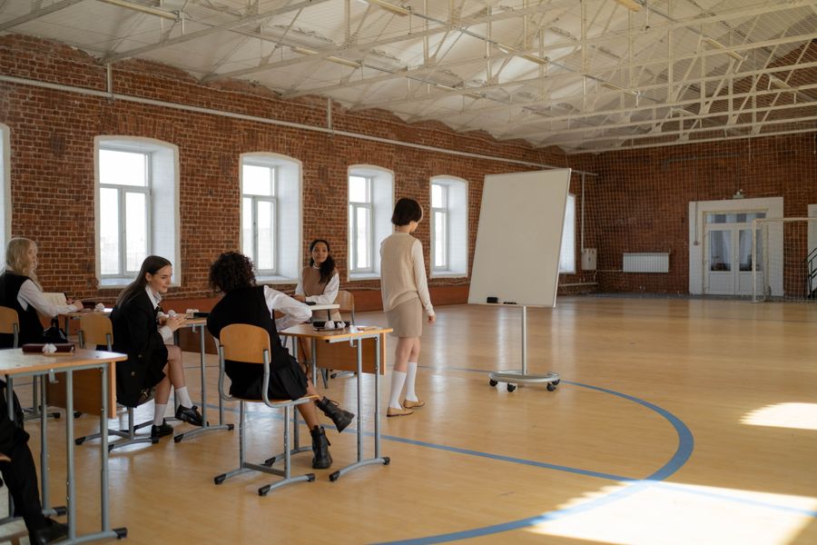 Students learning in a spacious classroom
