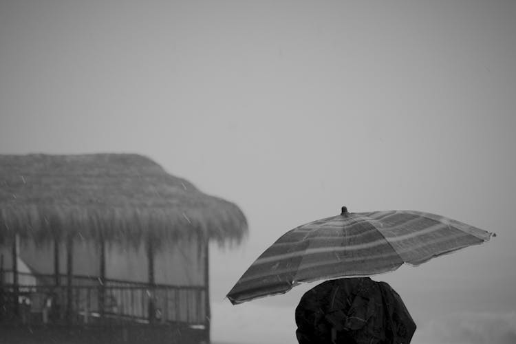 Unrecognizable Person Under Umbrella On Beach