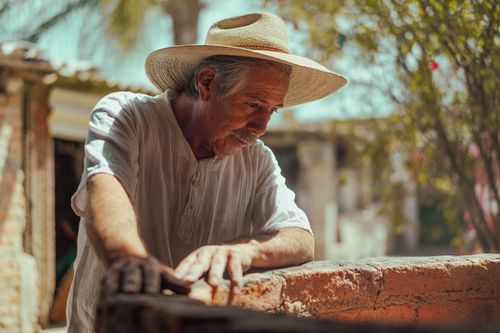Free Senior man with gray hair and mustache wearing a hat, working outdoors on a sunny day. Stock Photo