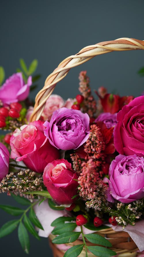 Pink Roses on Brown Woven Basket