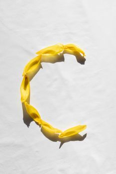 Yellow petals arranged into the letter C on a white surface, bright floral typography concept.